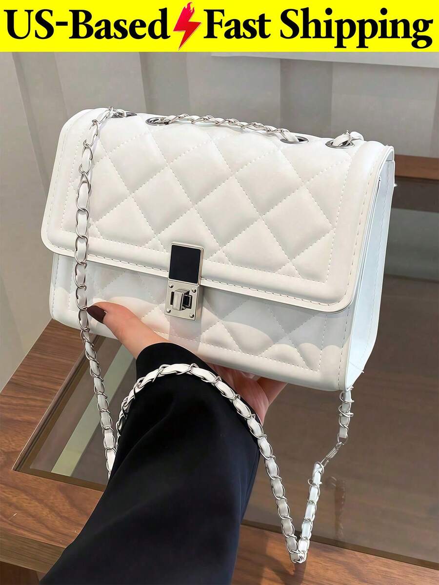 Indentation Diamond Shape Square Bag Lock Closure Flap Metal Chain Shoulder Bag Crossbody Bag White Purse For Daily Travel Back To School Outfits - 彩色 - 查看 1