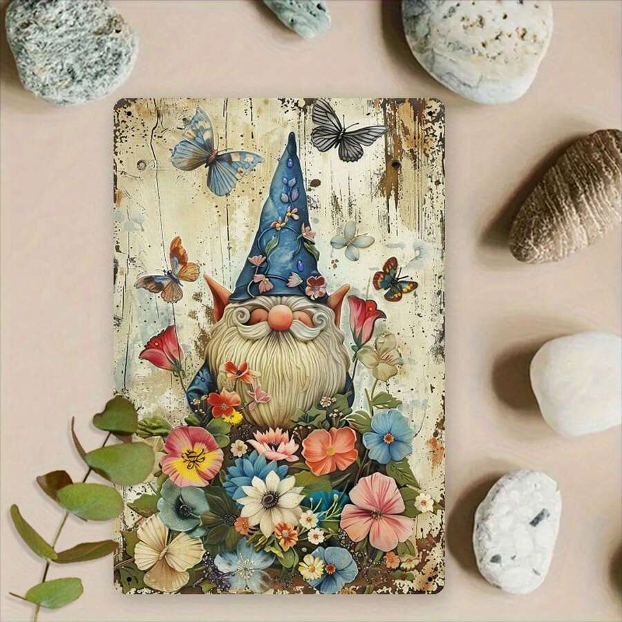 Whimsical Garden Gnome Metal Sign With Colorful Flowers, 20.32x 30.48cm - Rustic Decor For Patios, Bedrooms, And Home Gardens, In A Vintage, Dreamy Style, Perfect For Room Decoration.