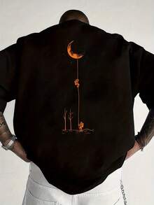 [Double Front And Back Design] Round Neck T-Shirt With Moon And Tree Design On The Front And Back,  Short Sleeves For Summer, Casual Style Top - 黑色 - 查看 2