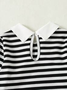 Young Girls School Uniform Autumn 2-Piece Set, New Autumn Fashion Versatile Sweatshirt Knit Striped Casual Cute Embroidered Turn-Down Collar Long Sleeve Pants Set Suitable For Outdoor Wear - Black and White - View 8