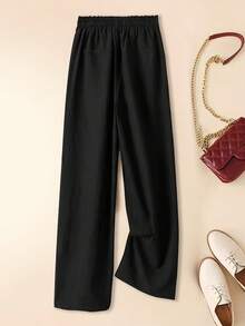[Pantalones de Lino Retro de Pierna Ancha] Pantalones de lino retro de pierna ancha para mujer, sueltos y delgados, de cintura alta, con caída, para primavera, verano y otoño.Pantalones larg - Negro - Ver 2