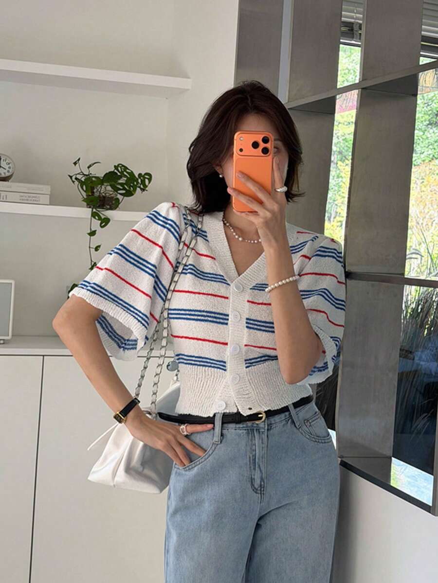 Áo cardigan ngắn tay phối màu khối sọc kẻ casual mùa xuân/hè màu trắng - trắng - Xem 1