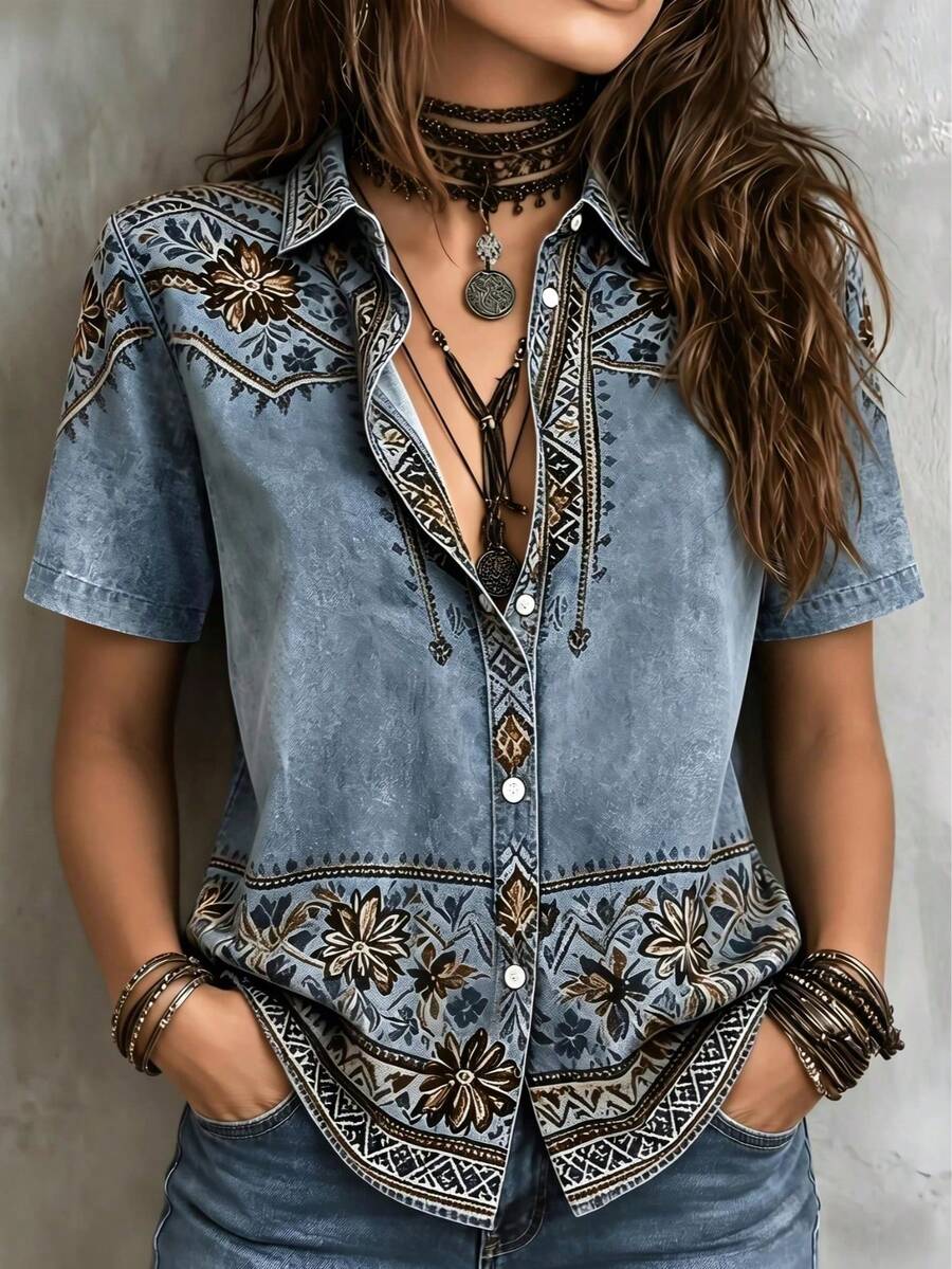 Blusa de mujer talla grande con botones y manga corta, con estampado gráfico 3D, para verano - Niebla azul - Ver 1
