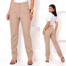 Women's Tailored Trousers, High Waist, Casual Fashion, Elegant Plus Size, Long Length, Straight Leg, Premium Tailoring, Luxury, Solid Color, Side Pocket With Zipper - 米色 - 查看 1