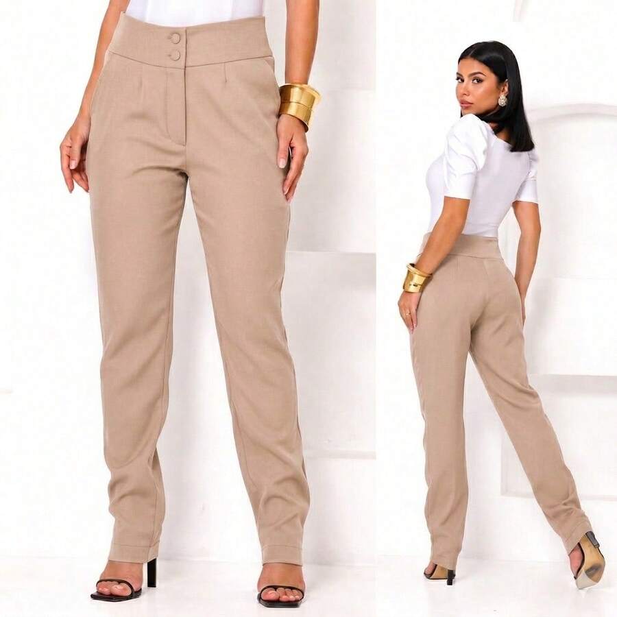 Women's Tailored Trousers, High Waist, Casual Fashion, Elegant Plus Size, Long Length, Straight Leg, Premium Tailoring, Luxury, Solid Color, Side Pocket With Zipper - 米色 - 查看 1