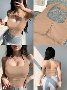 Top de tirantes finos y espalda descubierta de corte ceñido y corto en color marrón, adecuado para verano y primavera en estilo Y2K - Albaricoque 2 - Ver 1