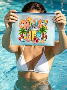 防水時尚沙灘包，印有「CRUISE LIFE」棕櫚樹圖案，輕便多功能收納包，大容量透明化妝包配尼龍拉鍊，網格便攜式化妝包，適合春夏收納，耐用，適合游泳、沙灘、潛水和夏季度假，適合朋友、家人、閨蜜、同學。適合生日、節日、派對、母親節、教師節禮物和紀念品。 - 彩色 - 查看 8