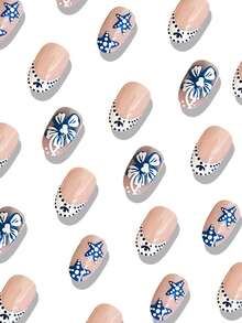 24pcs Round Press On Fake Nails Blue Short Nail Flower And Starfish Fake Nails Women Summer Coffin Nails - 彩色 - 查看 2