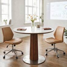 Tribesigns 31.5-Inch Round Conference Table For 2-4 People, Small Wood Meeting Room Table With Thickened Sintered Stone Tabletop And Stainless Steel Base (White + Walnut) - White and Dark Walnut - View 7