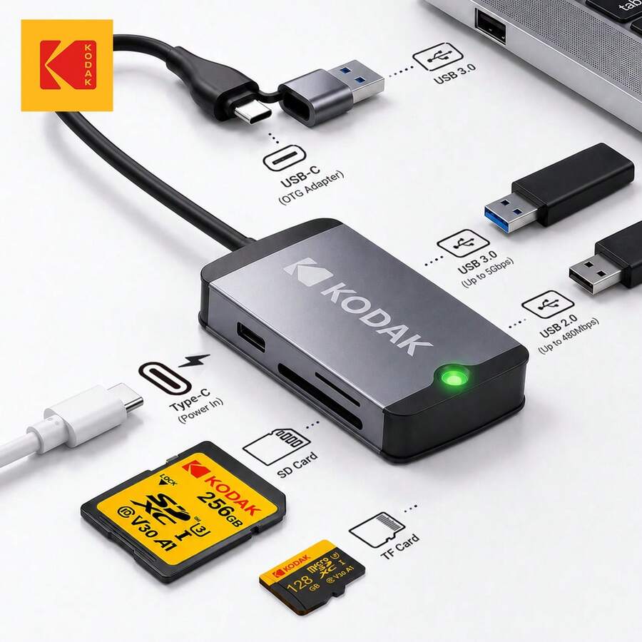 Kodak 柯达 USB-C 集线器，带 USB 3.0 端口、Type-C 接口、MicroSD 卡适配器、SD 卡读卡器，兼容智能手机、平板电脑、MacBook、笔记本电脑（需要 OTG 支持）