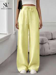 Women's Linen Palazzo Pants, Adjustable Waist With Drawstring, Side Pockets, Casual And Breathable For Vacations - 黃色 - 查看 5