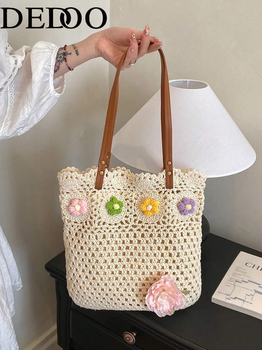 Dedoo Women's Handmade Woven Granny Square Colorblock Large Capacity Tote Bag