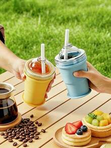 1pc 2-In-1 Foldable Ice Ball Maker, Reusable Portable Ice Ball Mold With Straw And Lid, Mini Tray, Leak-Proof Travel Cup, Suitable For Whiskey, Coffee, Juice - Multicolor - View 4