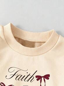 Tween Girl Letter Print Bow Decor Crew Neck Long Sleeve Sweatshirt And Flare Pants Casual Daily Outfit Set - Apricot - View 4