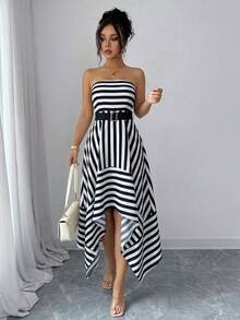 Vestido de tirantes sin espalda a rayas negras y blancas de verano OULIS, vestido de playa asimétrico, elegante para y cita - Blanco y Negro - Ver 1