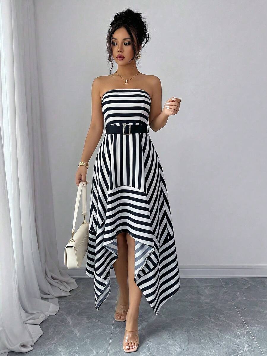 Vestido de tirantes sin espalda a rayas negras y blancas de verano OULIS, vestido de playa asimétrico, elegante para y cita - Blanco y Negro - Ver 1