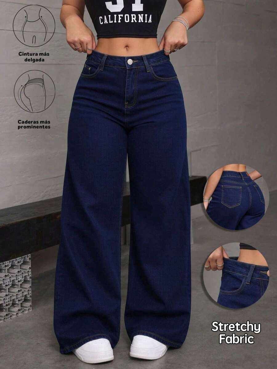 Jeans rectos de mezclilla azul oscuro efecto levantador de glúteos elásticos sueltos - Azul lavado oscuro - Ver 1