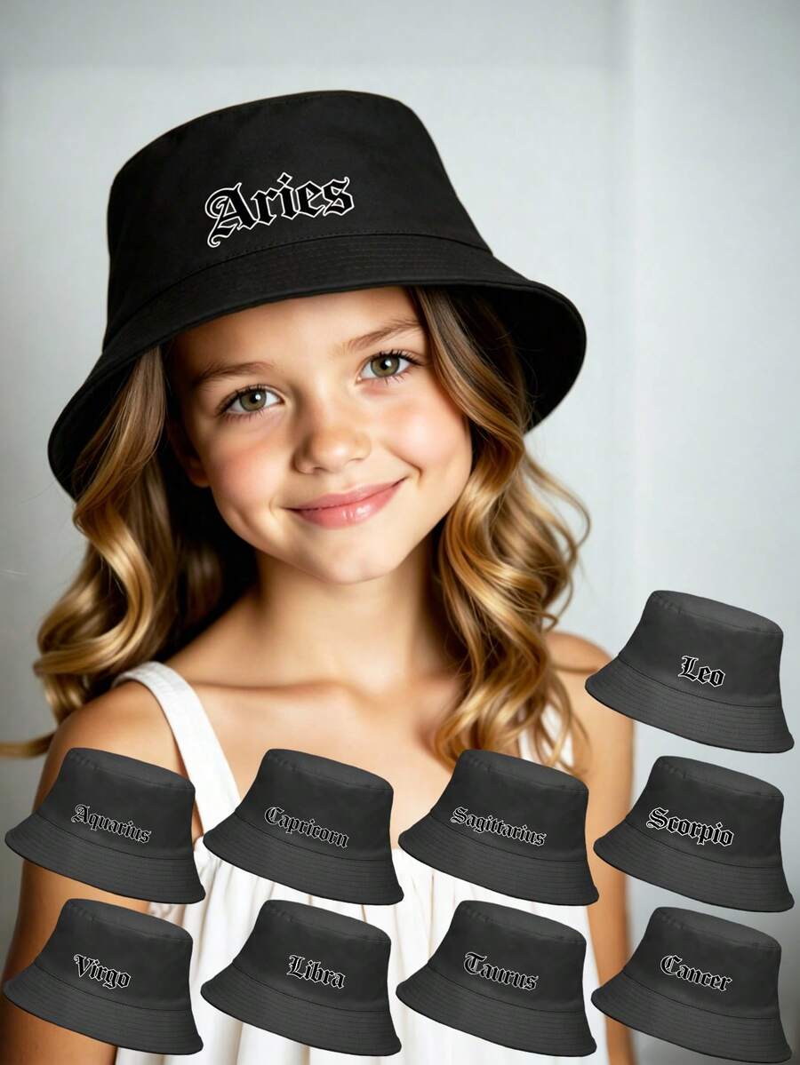 1 Stück Kinder Sternzeichen Fischerhut, Sonnenhut für Jungen & Mädchen, atmungsaktiv & leicht, lässiger Fischerhut für Outdoor/Strand - Schwarz - Übersicht 1