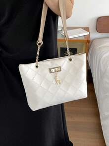 Bolso de mano de gran capacidad para mujer, bolso de hombro con cadena elegante, nueva bolsa de moda para debajo del brazo, bolso de lino retro - Blanco 5 - Ver 6