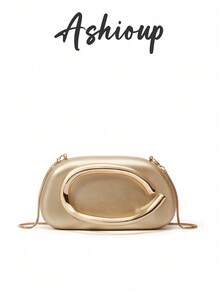 Bolso de mano tipo clutch redondo clásico, mini bolso, asa de metal retro y cadena para el hombro - Dorado - Ver 1