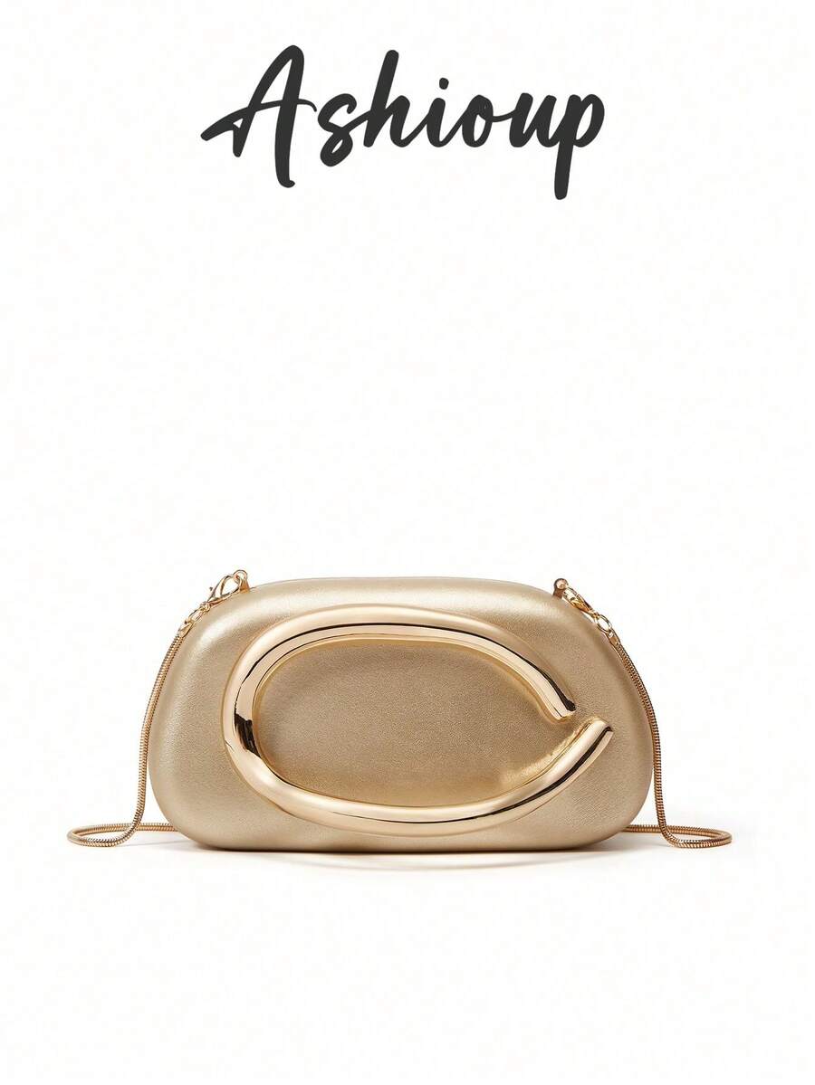 Bolso de mano tipo clutch redondo clásico, mini bolso, asa de metal retro y cadena para el hombro - Dorado - Ver 1