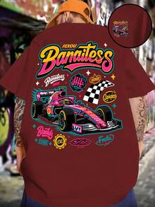 Camiseta de hombre con diseño de coche, impresión a doble cara, moderna y a la moda, holgada y suave, cuello redondo, ropa deportiva casual de calle para primavera y verano, camiseta de mang - Negro - Ver 9