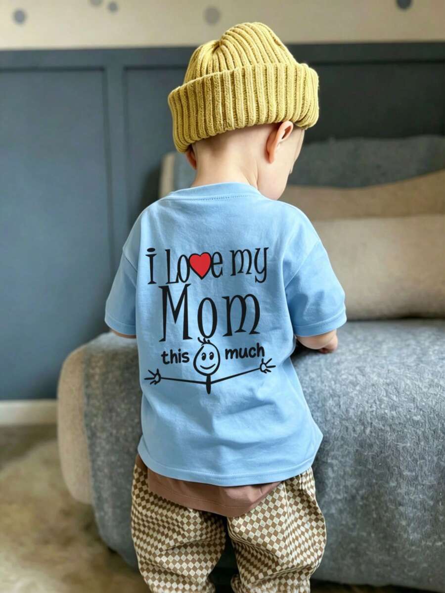Young Boy-"MY Love Mom" Letter Print T-Shirt, Comfortable Fabric, Suitable For Outdoor, Daily, Campus Wear, Spring/Summer Versatile Top - Baby Blue - View 1