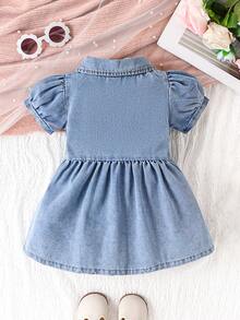 Vestido Denim com Manga Bufante e Botões para Meninas Bebê, Conjunto Casual/Diário/Festa para Meninas Bebê, Adequado como Presente - Lavagem clara - Visão 7