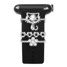 3pcs Luxury Rhinestone Watch Decoration Set Hollow Heart Cat Diamond Flower DIY Smart Watch Strap Buckle Accessories Compatible With 22MM Watch Band Fashion Versatile - Silver - View 5
