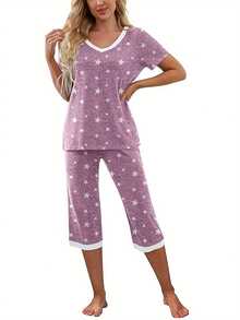 Conjunto de pijama Capri para mujer con top de manga corta con cuello en V y pantalones cortos con bolsillos. - Morado - Ver 4