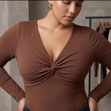 Bodysuit With Wrap Detail, Deep Neckline, And Long Sleeves. Front Detail: Deep Neckline. - Rust Brown - View 3