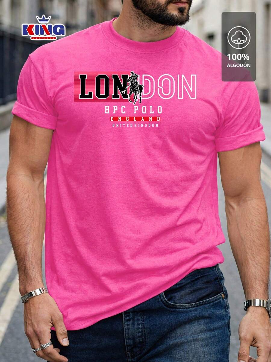 Original HPC POLO T-Shirt With Round Neck And Short Sleeves – Themed Graphic Design "HPC: London England Heritage" – 100% Cotton - 玫紅色 - 查看 1