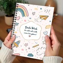 1pc Cute Hand-Drawn Spiral Coil Notebook, Cover With Rainbow, Paper Airplane And Other Childlike Patterns, With Heartwarming German Text. 100 Pages Practical Inner Pages, Suitable For Work Records, Study Notes, Diary Writing, Etc. Great Choice For Graduation Gifts, Birthday Gifts, Daily Planning, Memo Pads. - I - View 4