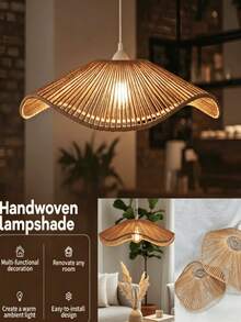 Bohemian Rattan And Paper Woven Lampshade, Pendant Light Shade, Artistic Decorative Lampshade, Rustic Farmhouse Style Pendant Light Shade, Asymmetrical Pendant Light, Handmade Woven Lampshade, Warm Light Lampshade (Light Bulb Not Included) - Paper Woven Lampshade - View 11