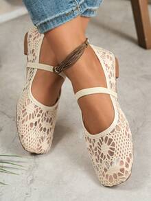 Spring/Summer Lace Mesh Women's Flat Square Toe Hollow Out Ballet Shoes With Single Strap, Breathable Casual Commuter Shoes - White - View 3