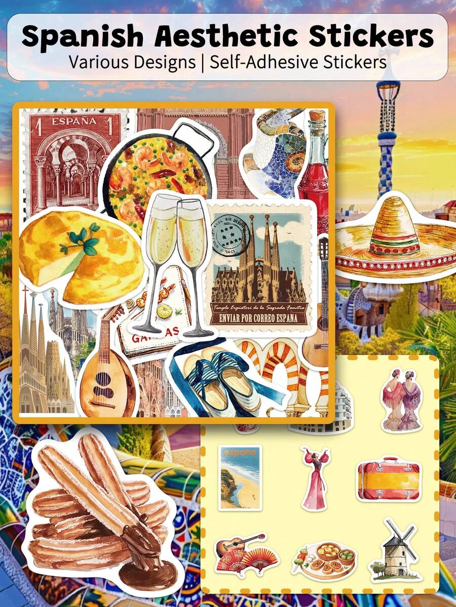 50 piezas Pegatinas Estéticas Españolas - Diseños Retro Coloridos - Perfectas para Portátiles, Planificadores, Fiestas, Regalos, Botellas de Agua y Fundas de Teléfono - Suministros Escolares Estéticos Europeos de Vacaciones de Verano - 50 piezas/paquete - Ver 1