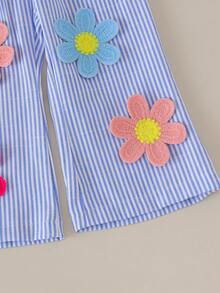 2pcs Baby Girls Cute Colorful Floral Decor Spaghetti Strap Ruffle Hem Top And Matching Elastic Waist Wide Leg Pants Set, Summer - Blue and White - View 6