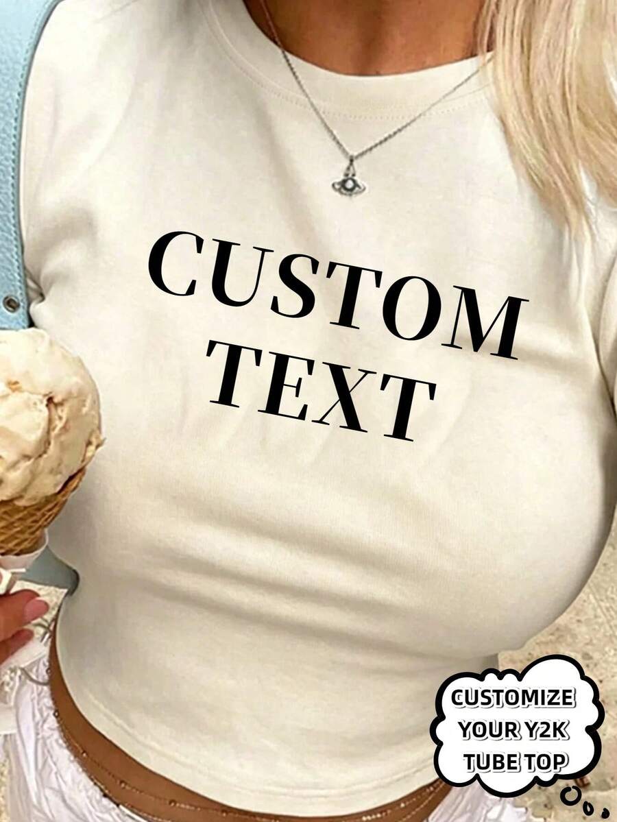 Camiseta Corta Estilo Y2K Personalizada, Regalo DIY, Texto Personalizado para Verano - Albaricoque - Ver 1