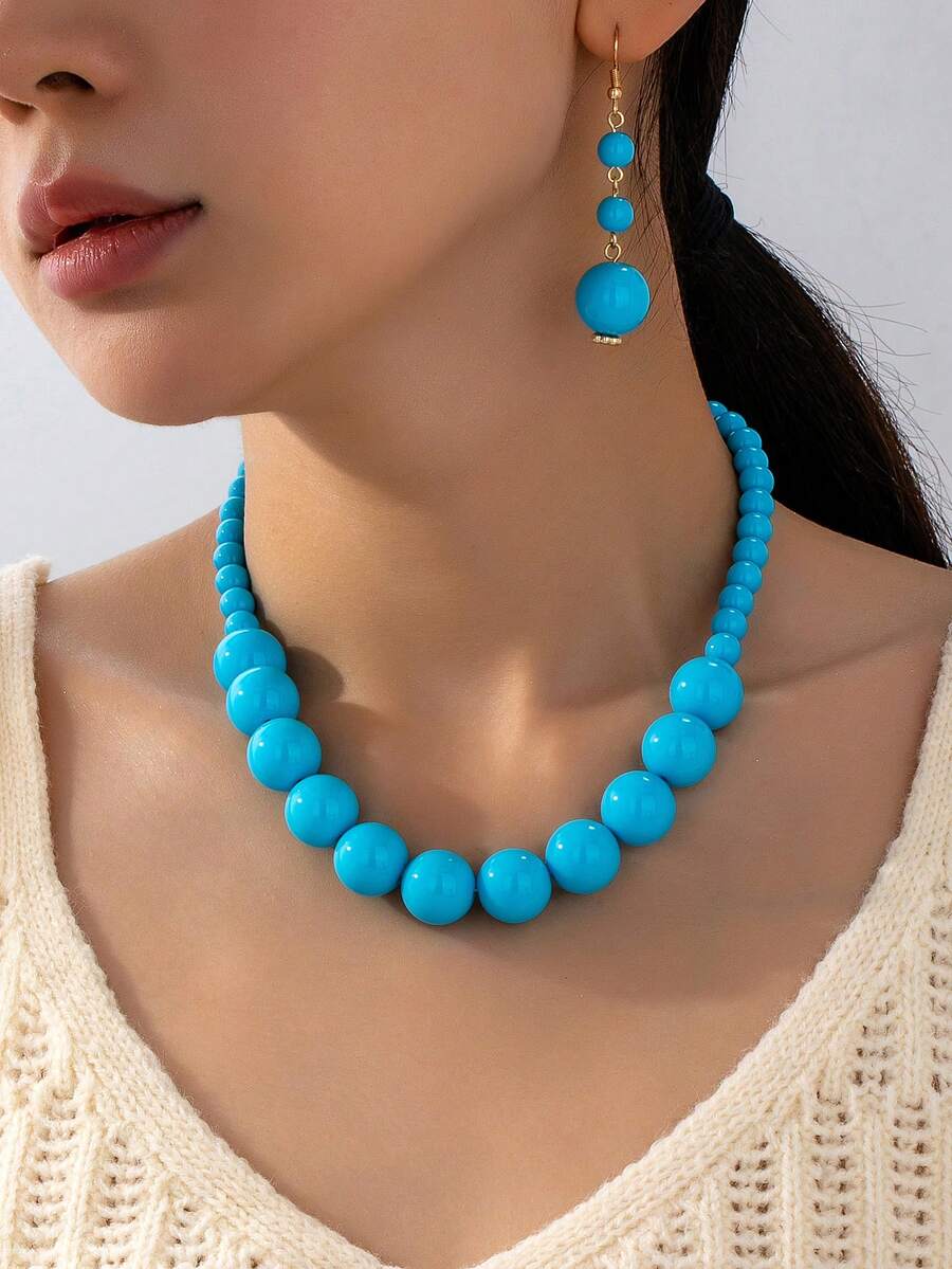 3pcs Necklace And Earrings Set, Suitable For Women's Daily Wear And Gift Giving - Blue - View 1