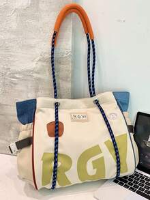 新款女款字母印花大容量單肩手提包，尼龍材質，磁吸開合，簡約設計，方便通勤與攜帶的女用包 - 米色 - 查看 11