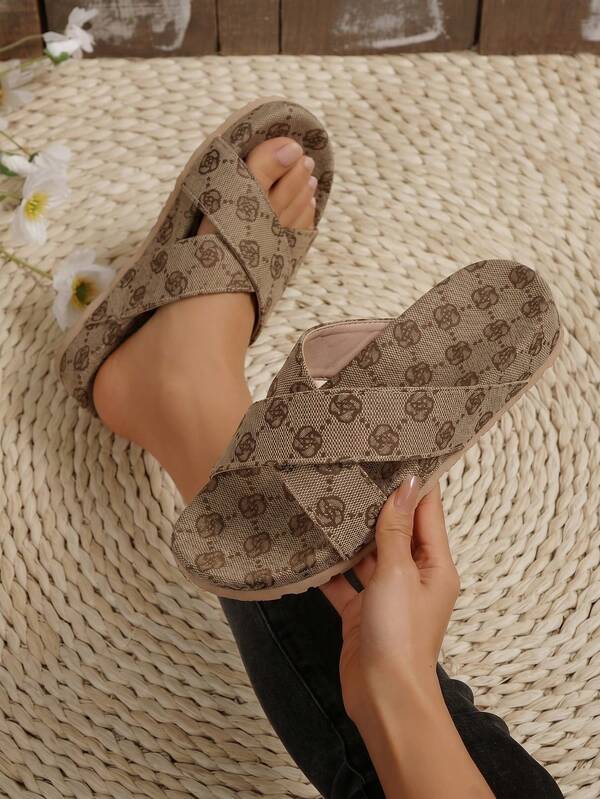 Women's Vintage Print Criss-Cross Strap Linen Slippers, Japanese Mori Style Soft Sole Anti-Slip Breathable Summer Outdoor Sandals