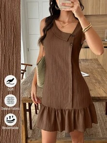 A-Line Dress With Asymmetrical Neckline, Buttons, Textured Fabric And Ruffles At The Hem, Casual For Summer And Vacation - Brown - View 1