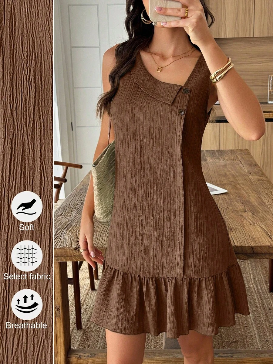 A-Line Dress With Asymmetrical Neckline, Buttons, Textured Fabric And Ruffles At The Hem, Casual For Summer And Vacation - Brown - View 1