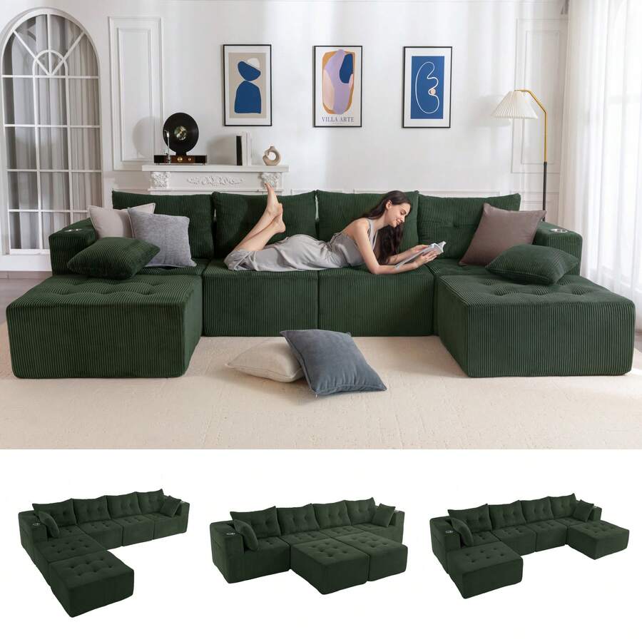 Cloud Modular Sofa, Modern Comfort Modular Corduroy Living Room Sofa, Tufted Recliner With Footstool, Boxed Sofa, No Assembly Required - 綠色 - 查看 1