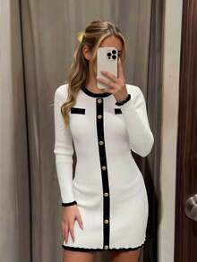 Women's Elegant Autumn/Winter Sweater Elegant Ceremony Dress With Black-And-White Patchwork,Going Out Dress Cabaret Dress Fall - Multicolor - View 8