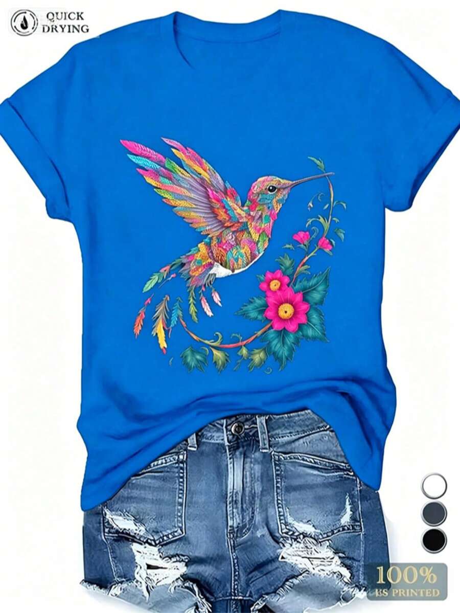 Women's Casual Blue Cotton T-Shirt With Colorful Hummingbird Graphic Short Sleeve Round Neck Fashion Top - 藍色 - 查看 1