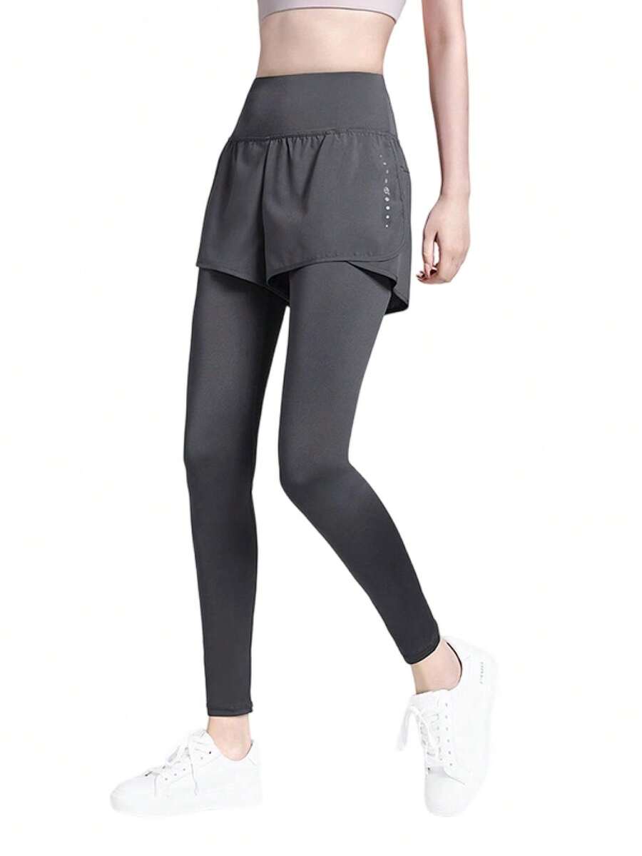 CAMEL CROWN Women's Sports Yoga Pants, Camel Fake Two-Piece Sports Pants, Stretch Fitness Pants, Outer Wear Tights, Running Pants, Anti-Exposure Shorts - Mist Gray - View 1