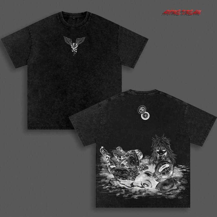 , Camiseta Unisex Oversize de Algodón Grueso Lavado Vintage con Doble Estampado de Anime Meruem - Negro - Ver 1