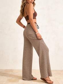 Women's Knit Striped Pants, Contrast Color Waist, Drawstring Elastic Waistband, Casual Elegant Trousers For Fall, Back‑To‑School & Daily Wear - Coffee Brown - View 5