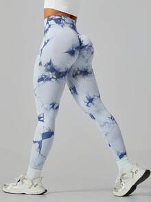 Leggings de sport pour femmes à taille haute avec contrôle du ventre, effet tie-dye, taille côtelée, gainant, élastiques et séchage rapide, pantalon de cyclisme - Bleu ciel - Voir 2